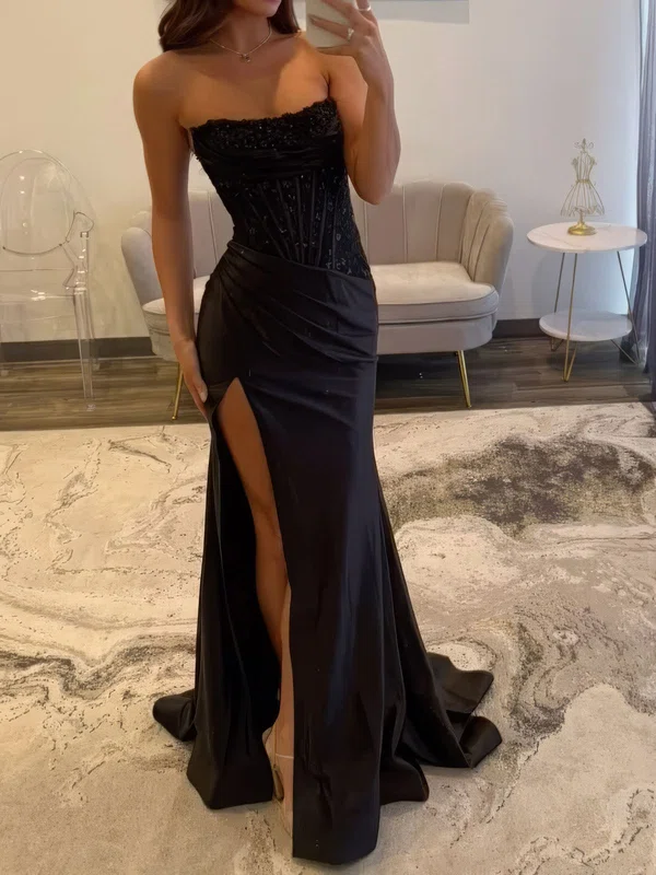 Sheath/Column Strapless Satin Corset Prom Dresses With Appliques #Milly020127191