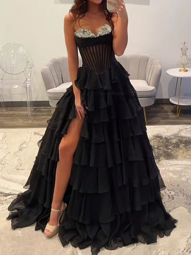 Ball Gown Strapless Chiffon Tiered Prom Dresses With Beading #Milly020127193