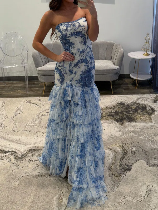 Mermaid Strapless Tulle Floral Tiered Prom Dresses #Milly020127196