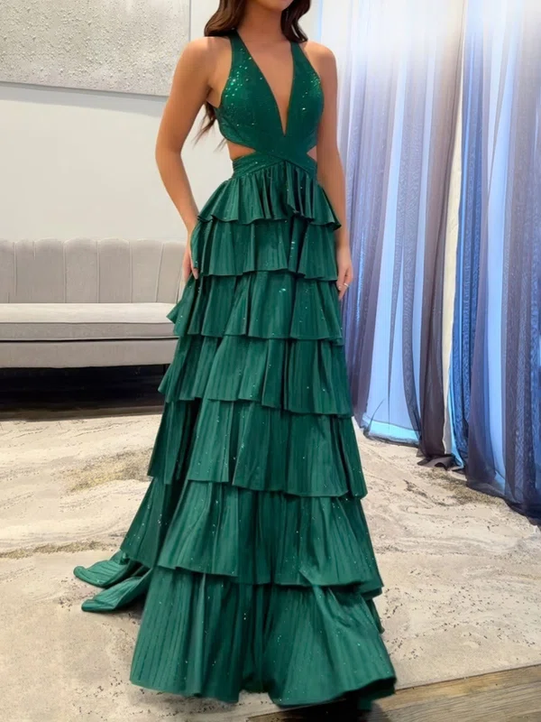 Ball Gown V-neck Satin Tiered Prom Dresses With Beading #Milly020127197