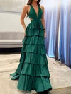 Ball Gown V-neck Satin Tiered Prom Dresses With Beading #Milly020127197