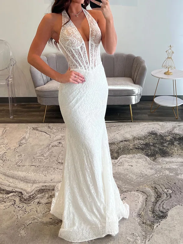 White Mermaid Halter Lace Corset Prom Dresses #Milly020127200