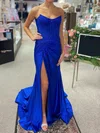 Sheath/Column V-neck Satin Beaded Prom Dresses With Ruched #Milly020127223