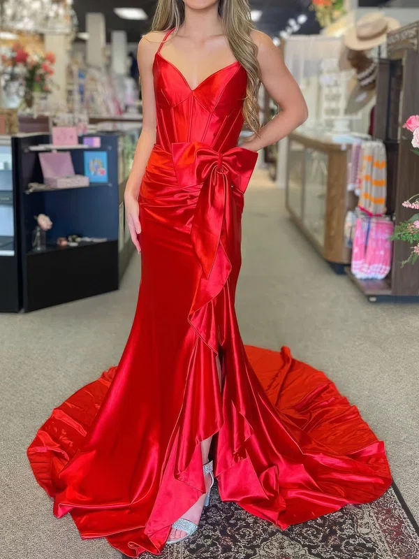Mermaid V-neck Satin Corset Prom Dresses With Bow #Milly020127228