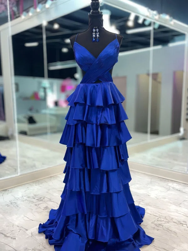 Ball Gown V-neck Satin Ruffle Tiered Prom Dresses With Ruched #Milly020127230