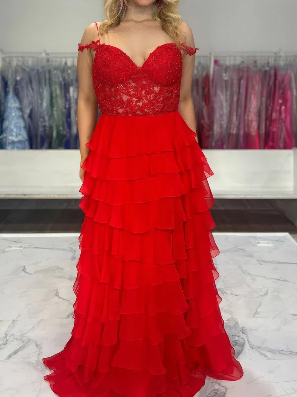 Ball Gown V-neck Chiffon Tiered Prom Dresses With Appliques #Milly020127232