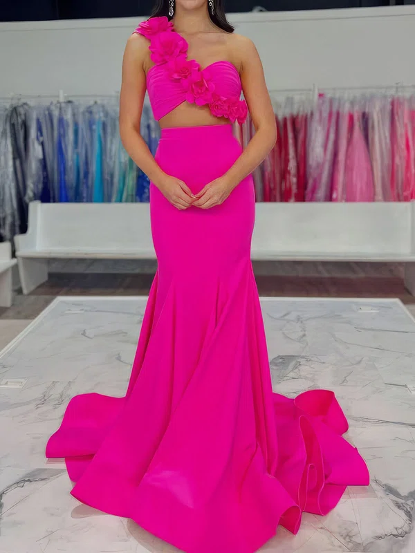 Mermaid One Shoulder Stretch Crepe Two Piece Prom Dresses With 3D Floral #Milly020127240