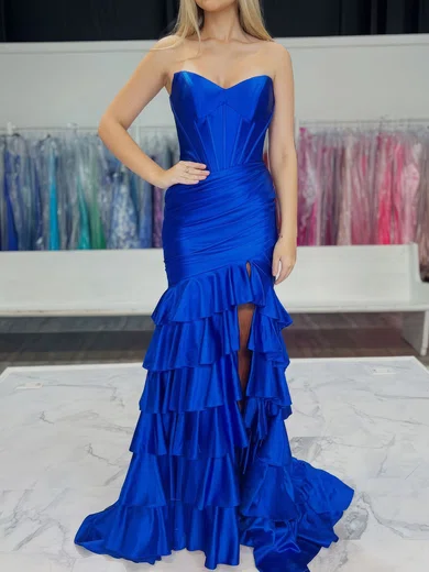 Mermaid Strapless Satin Tiered Prom Dresses With Ruched #Milly020127246