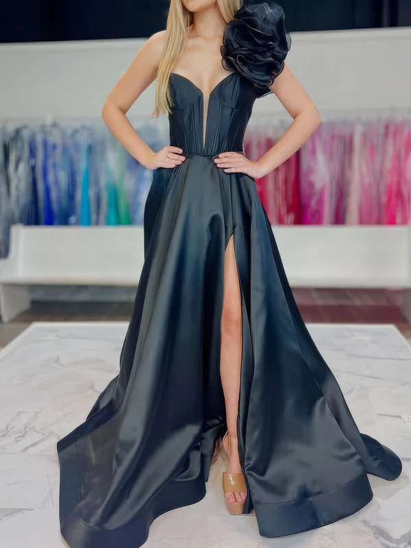 A-line One Shoulder Satin Corset Prom Dresses With Ruched #Milly020127247