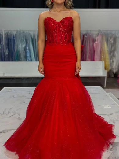 Mermaid Strapless Tulle Sparkly Prom Dresses With Appliques #Milly020127256