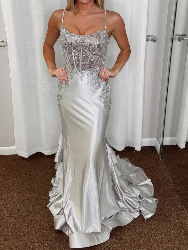 Mermaid Scoop Neck Satin Ruffle Prom Dresses With Appliques #Milly020127269