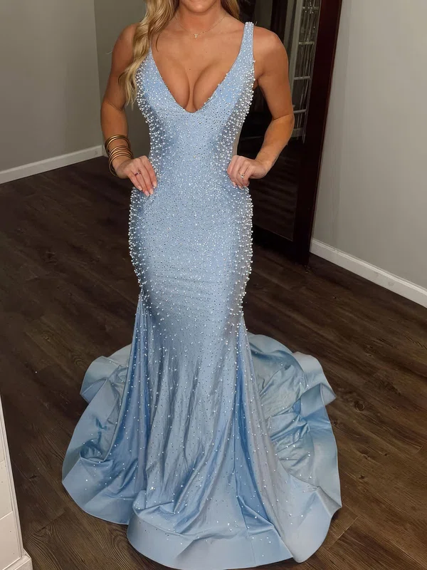 Mermaid V-neck Jersey Backless Beaded Prom Dresses #Milly020127277