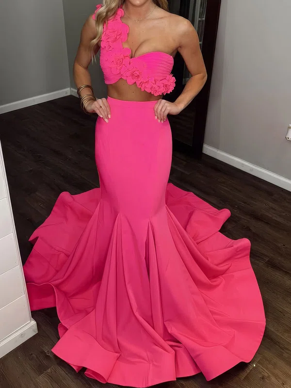 Mermaid One Shoulder Stretch Crepe Two Piece Prom Dresses With 3D Floral #Milly020127280