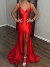 Sheath/Column V-neck Satin Cut Out Prom Dresses With #Milly020127281