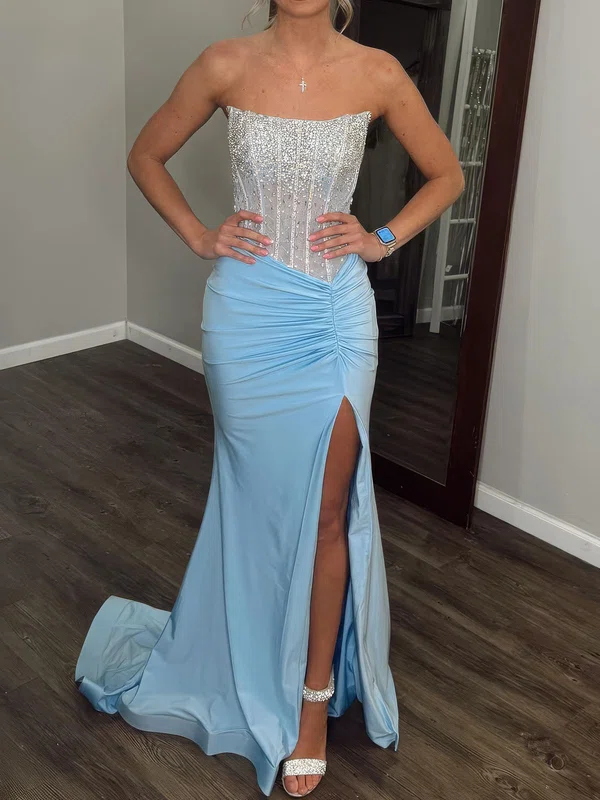 Sheath/Column Strapless Satin Corset Prom Dresses With Beading #Milly020127283