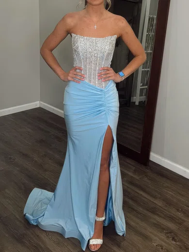 Sheath/Column Strapless Satin Corset Prom Dresses With Beading #Milly020127283