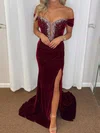 Sheath/Column Off-the-shoulder Velve Beaded Prom Dresses With Ruched #Milly020127288