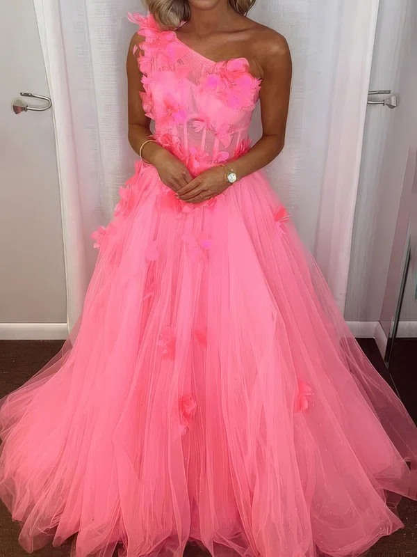 Ball Gown One Shoulder Tulle 3D Floral Prom Dresses With Ruched #Milly020127291
