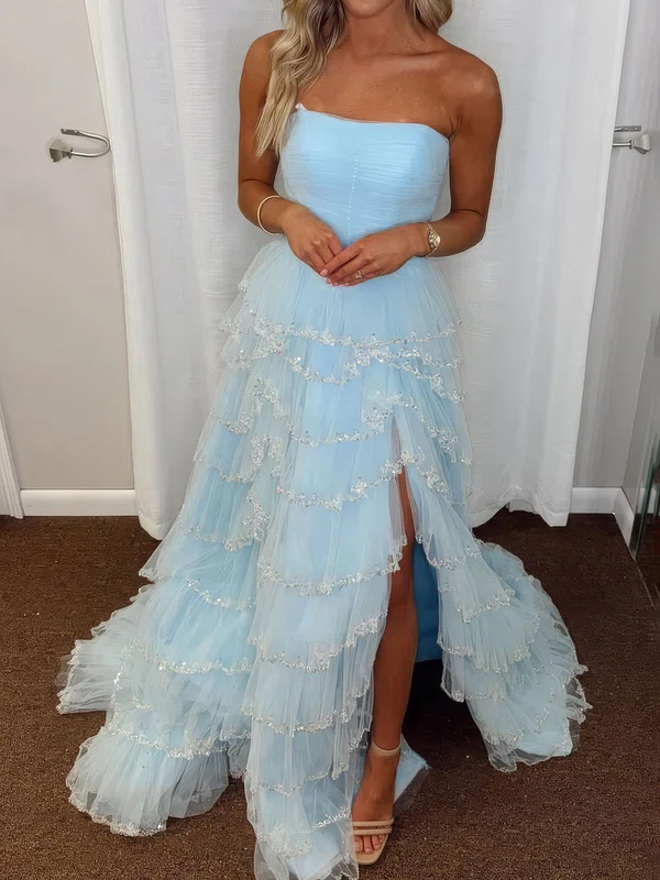 Ball Gown Strapless Tulle Tiered Prom Dresses With Appliques #Milly020127293