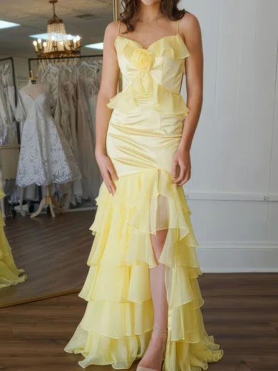 Mermaid V-neck Chiffon Satin Ruffle Tiered Prom Dresses #Milly020127305