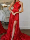Red A-line Scoop Neck Satin Cut Out Pleated Prom Dresses #Milly020127306