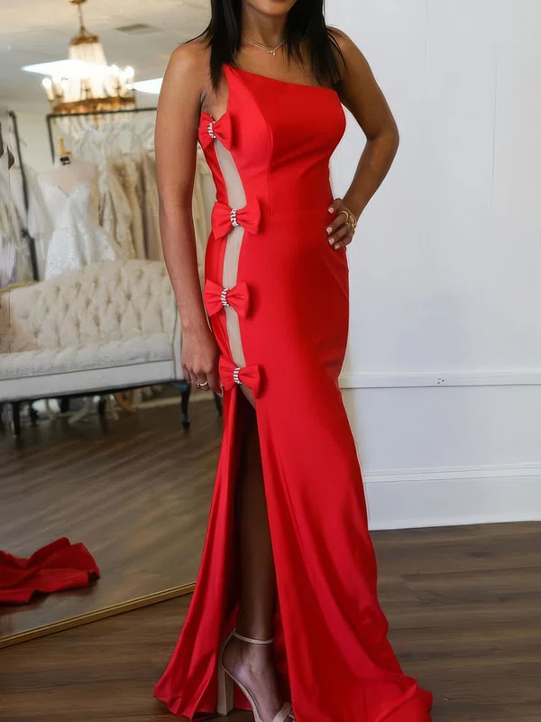 Red Sheath/Column Strapless Satin Prom Dresses With Bow #Milly020127309