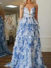 Ball Gown V-neck Floral Tulle Tiered Prom Dresses #Milly020127314
