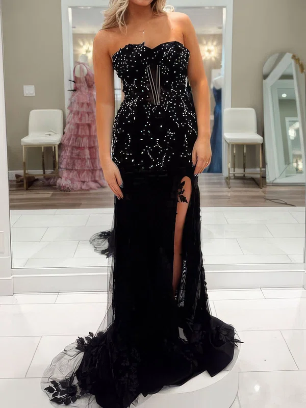 Sheath/Column Strapless Tulle Prom Dresses With Appliques #Milly020127324
