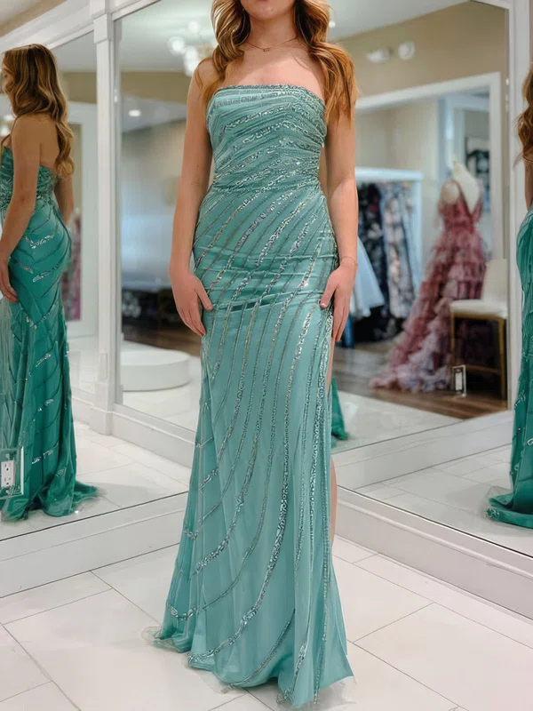 Sheath/Column Strapless Tulle Beaded Prom Dresses #Milly020127332
