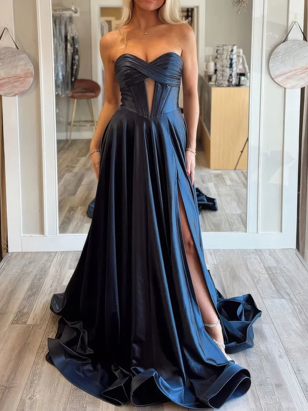 A-line Strapless Satin Cut Out Prom Dresses With Ruched #Milly020127351