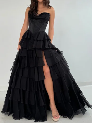 Ball Gown Strapless Satin Chiffon Ruffle Tiered Prom Dresses #Milly020127355