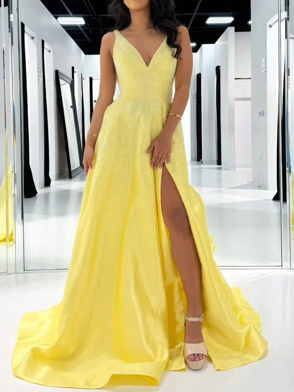 Ball Gown V-neck Satin Beaded Prom Dresses #Milly020127357