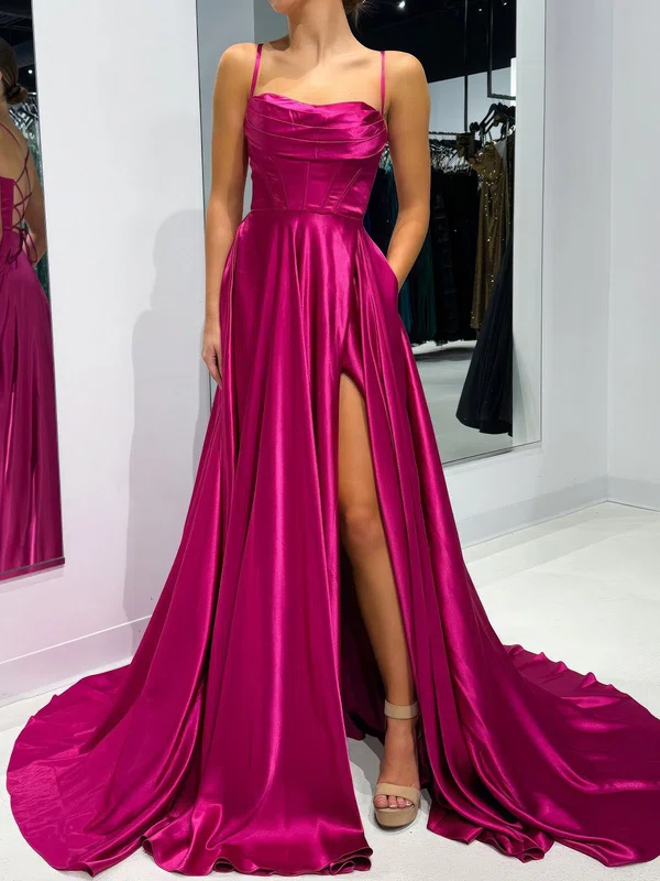 A-line Cowl Neck Satin Corset Prom Dresses With Ruched #Milly020127358