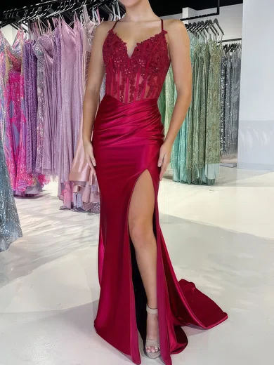 Mermaid V-neck Satin Corset Prom Dresses With Appliques #Milly020127364