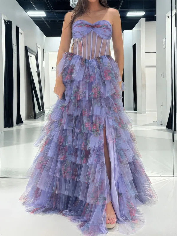 Ball Gown Strapless Tulle Floral Tiered Prom Dresses #Milly020127365