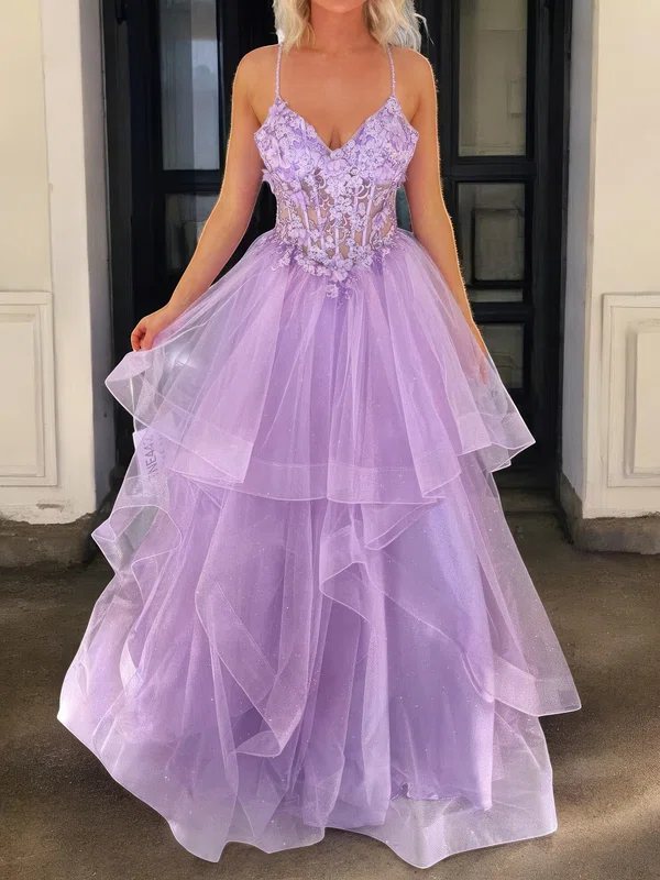 Princess V-neck Tulle Ruffle Prom Dresses With Appliques #Milly020127369