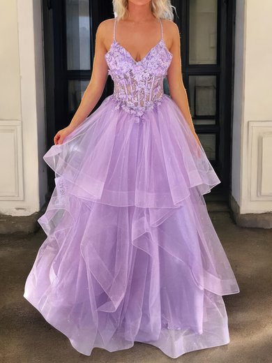 Princess V-neck Tulle Ruffle Prom Dresses With Appliques #Milly020127369