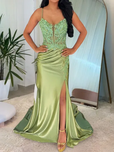 Mermaid V-neck Satin Corset Prom Dresses With Appliques #Milly020127370
