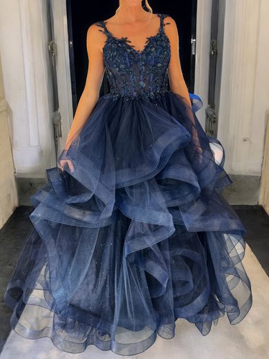 Princess V-neck Tulle Ruffle Prom Dresses With Appliques #Milly020127371