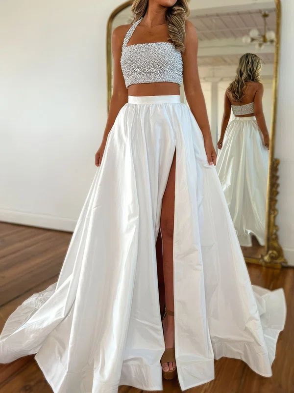 A-line Halter Satin Two Piece Prom Dresses #Milly020127063