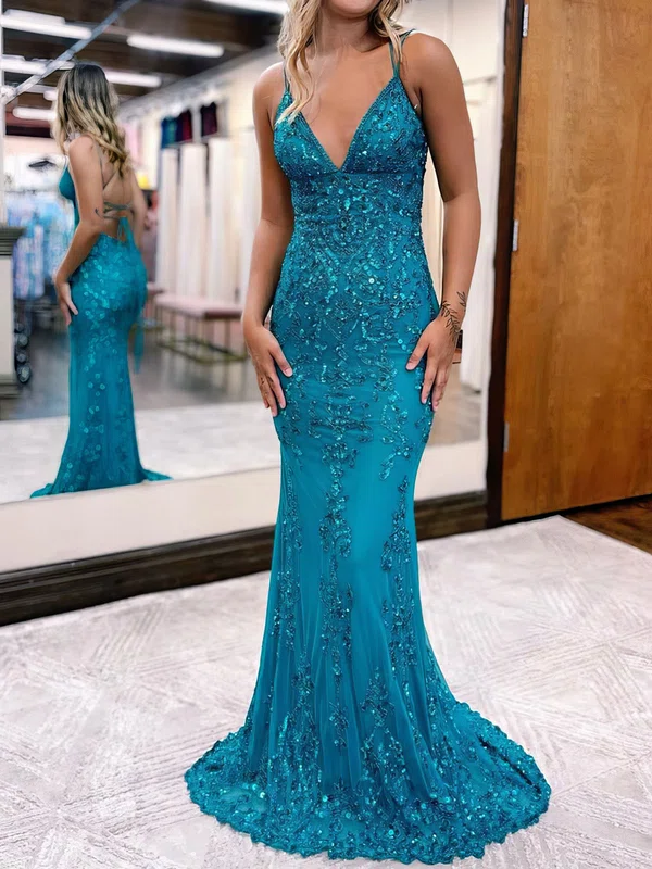 Mermaid V-neck Tulle Prom Dresses With Appliques #Milly020127386