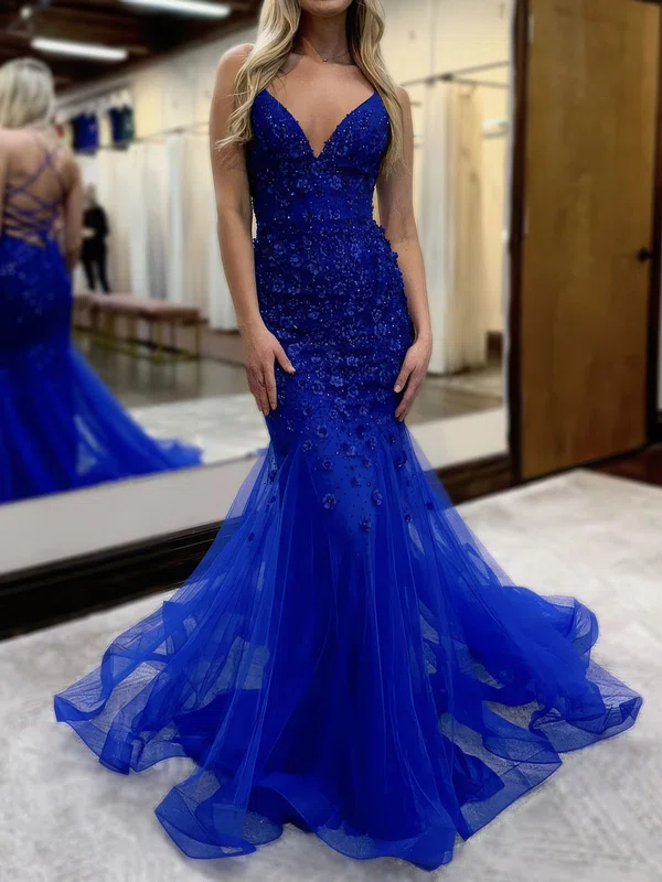 Mermaid V-neck Tulle 3D Floral Prom Dresses With Beading #Milly020127389