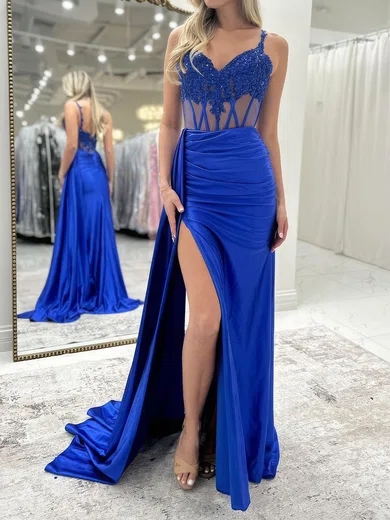 Sheath/Column V-neck Satin Corset Prom Dresses With Appliques #Milly020127391