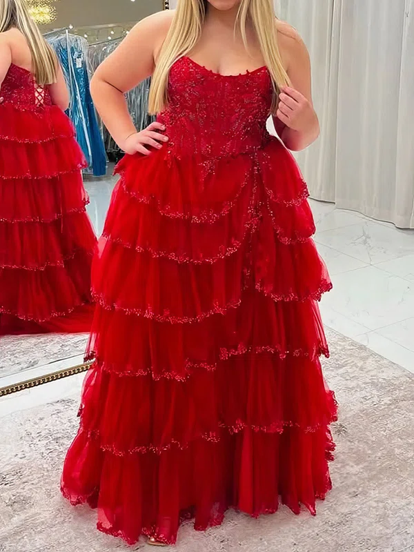 Ball Gown Strapless Tulle Tiered Prom Dresses With Appliques #Milly020127406