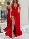 Sheath/Column Halter Satin Prom Dresses With Appliques #Milly020127417