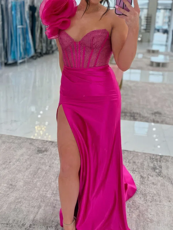 Sheath/Column One Shoulder Satin Corset Prom Dresses With Beading #Milly020127427