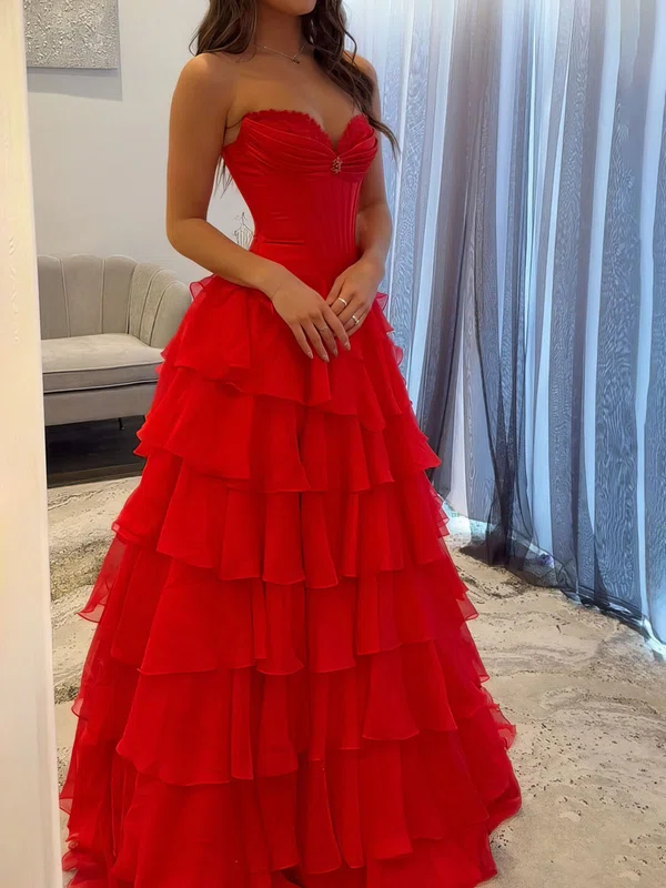 Ball Gown Strapless Satin Chiffon Ruffle Tiered Prom Dresses #Milly020127431