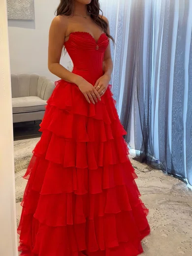 Ball Gown Strapless Satin Chiffon Ruffle Tiered Prom Dresses #Milly020127431