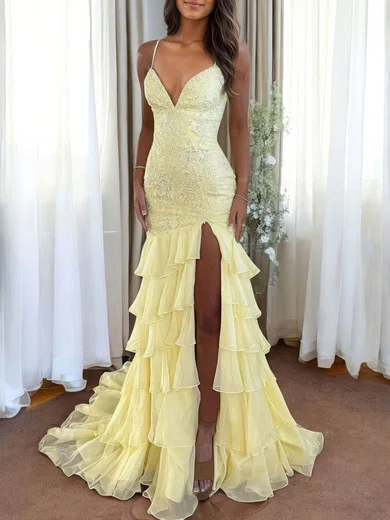 Mermaid V-neck Chiffon Tiered Prom Dresses With Appliques #Milly020127437