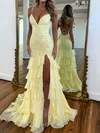 Mermaid V-neck Chiffon Tiered Prom Dresses With Appliques #Milly020127437